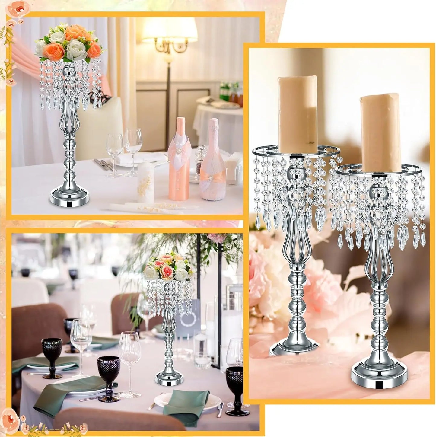 16 Pcs Centerpieces, Vase with Chandelier Crystal, Flower Party (Silver)