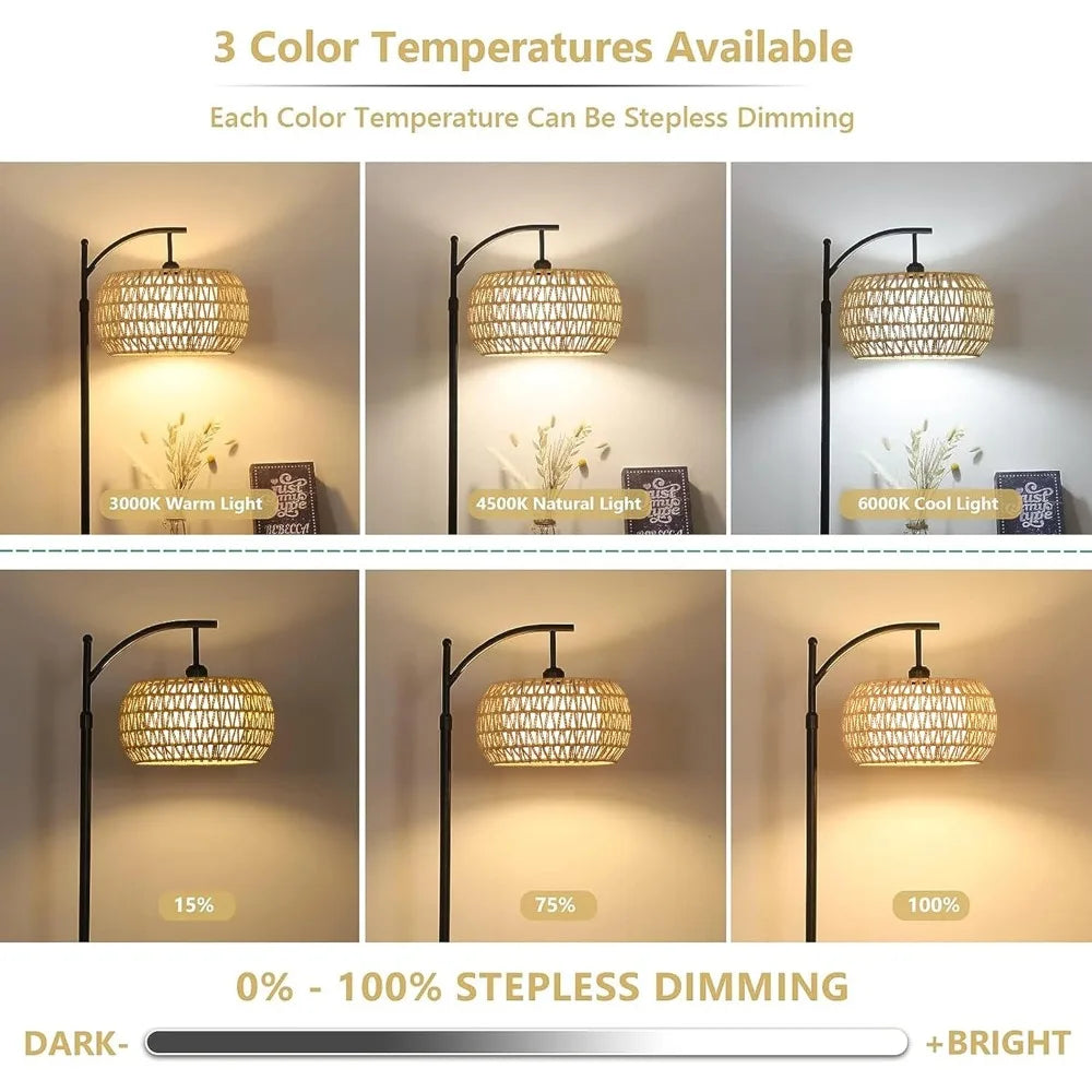 Lamp Remote Control, Dimmable LED Floor Wicker Shade Black Standing, 3 Color Temperature
