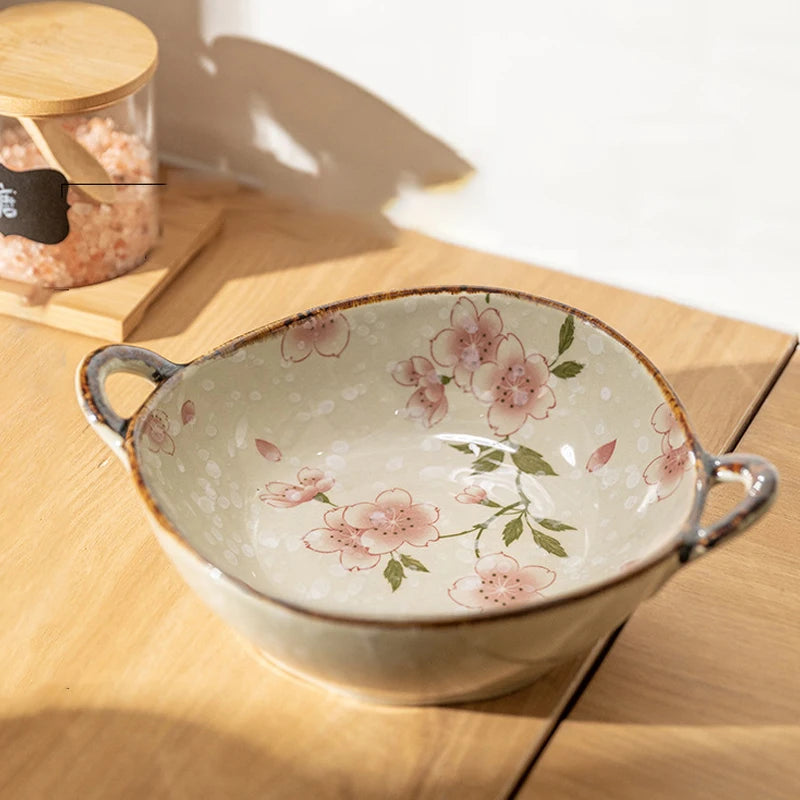 YWDL 700ml Ceramic Salad Bowl With Handle Kitchen Soup, noodles, and fruit Japanese Tableware Microwave Pan