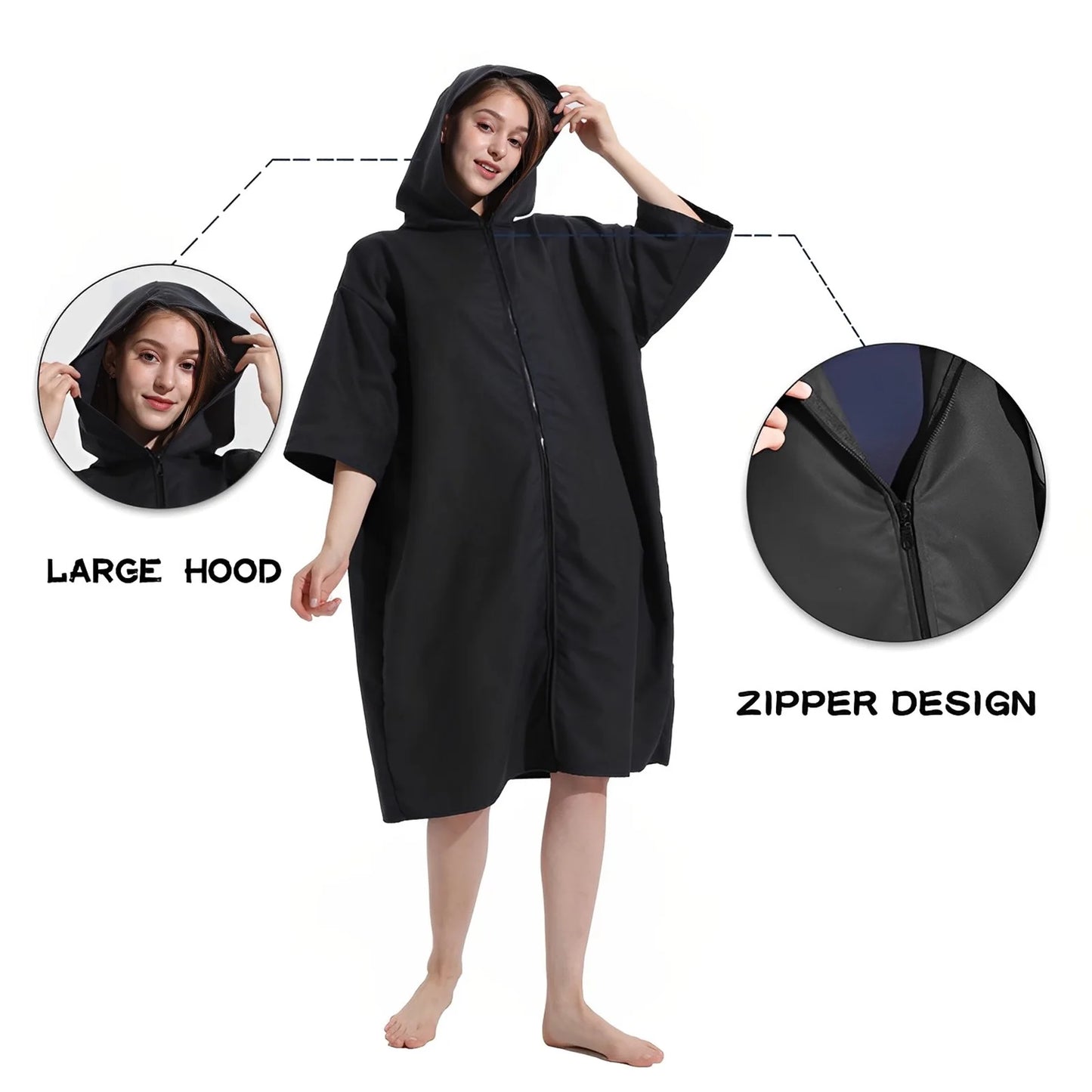 Robe with Hood Microfiber Towel Poncho with Zipper Short Sleeve Poncho Quick Dry