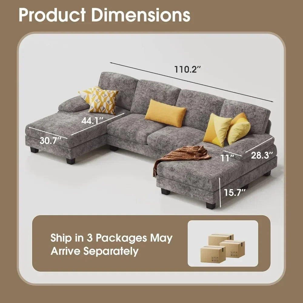Sectional Couches for Living Room U-Shaped Sofa with Linen Fabric 4 Seat Sofa Set with Double Chaise