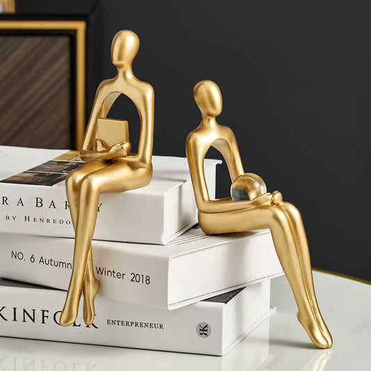 Gold Statues Bookshelf Sculpture For Living Room Modern Figurines Decor