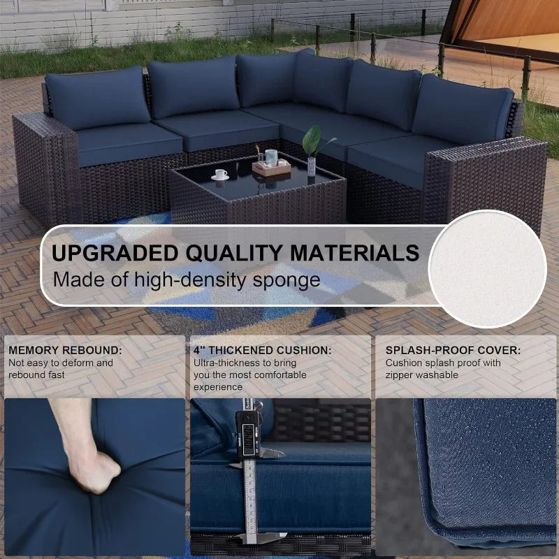 6PCS Outdoor Patio Furniture Set PE Wicker Rattan Sectional Sofa Patio Navy Blue