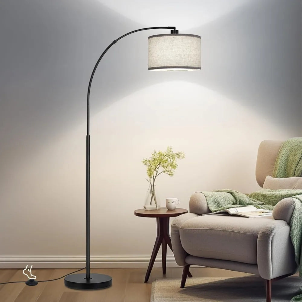 Floor Lamp, Modern Standing with Adjustable Drum Shade, Arched Floor with Foot Switch on Sofa