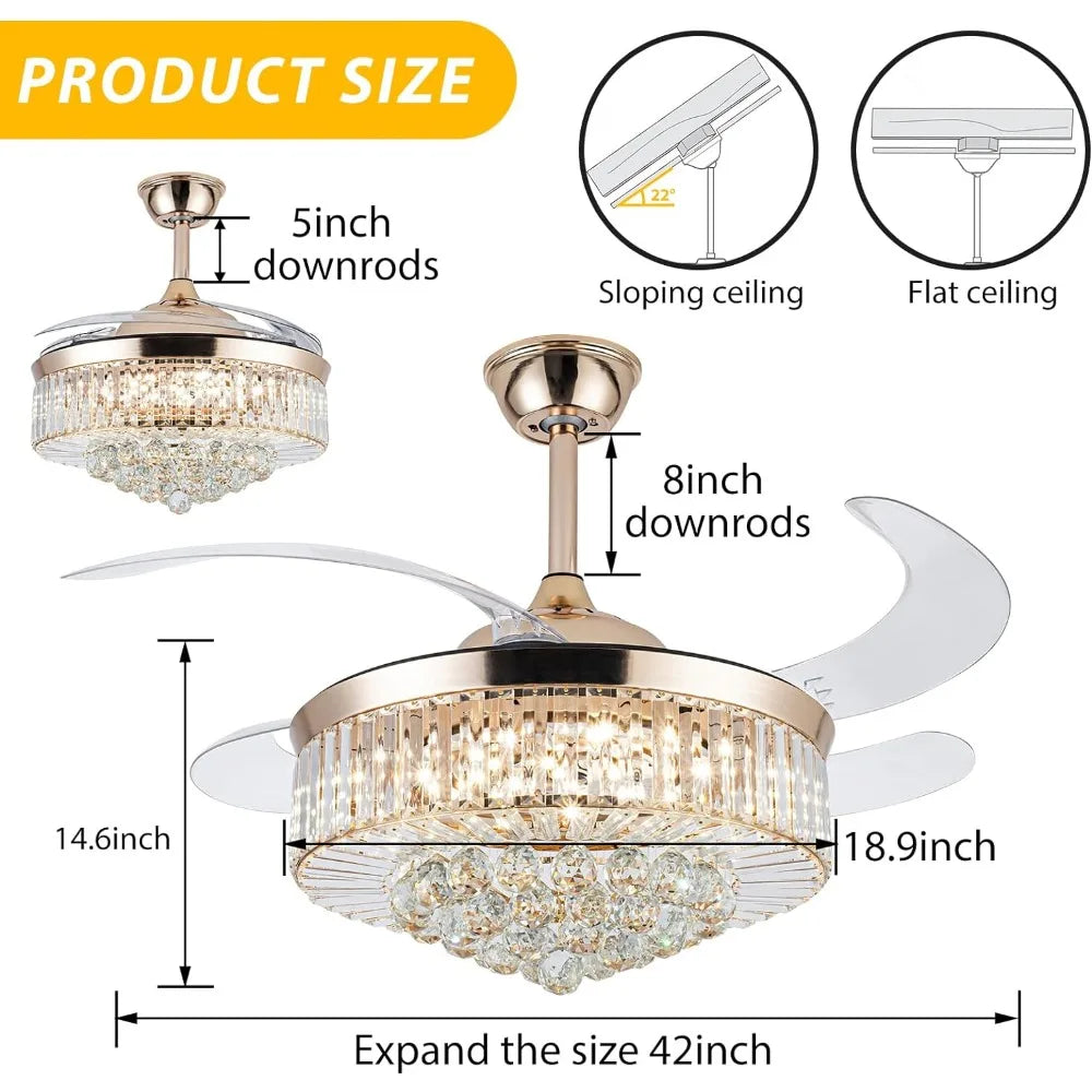Reversible chandelier crystal ceiling fan with stepless dimming, modern ceiling fan remote control, retractable invisible blades