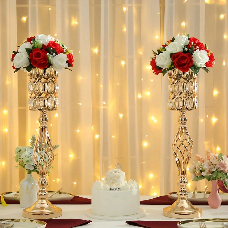 2/10 Piece Metal Diamond Crystal Vase, 24 Inch Gold Multi-Purpose Flower Stand, for All Occasions