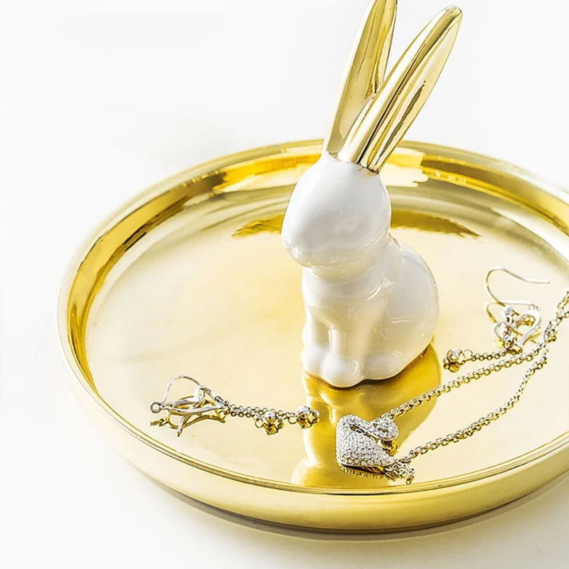 Nordic Ceramic Gold plating Jewelry Dish Storage Plates Dessert Display Bowl Decoration Tray