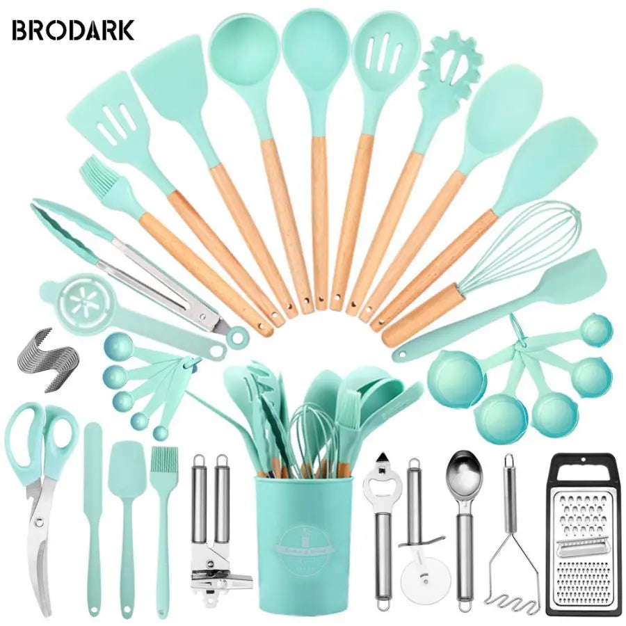 44pcs Premium Silicone Utensil Wooden Handles and Knife - Heat-Resistant, Non-Stick