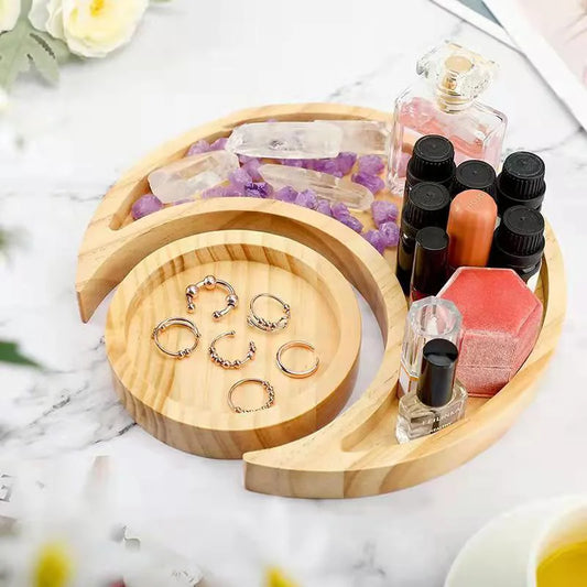 Wooden Crystal Holder Moon Tray with Round Dish Stones Crystals Jewelry Rings Organizer