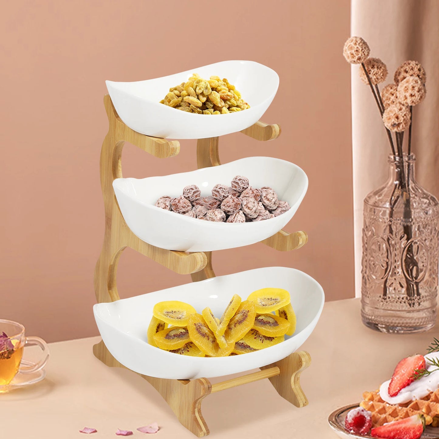 Fruit Bowl, 3 Tier Ceramic Fruit Basket, 3 Tier Serving Stand Serving Bowl with Bamboo Wooden Frame, Porcelain Kitchen Bowls