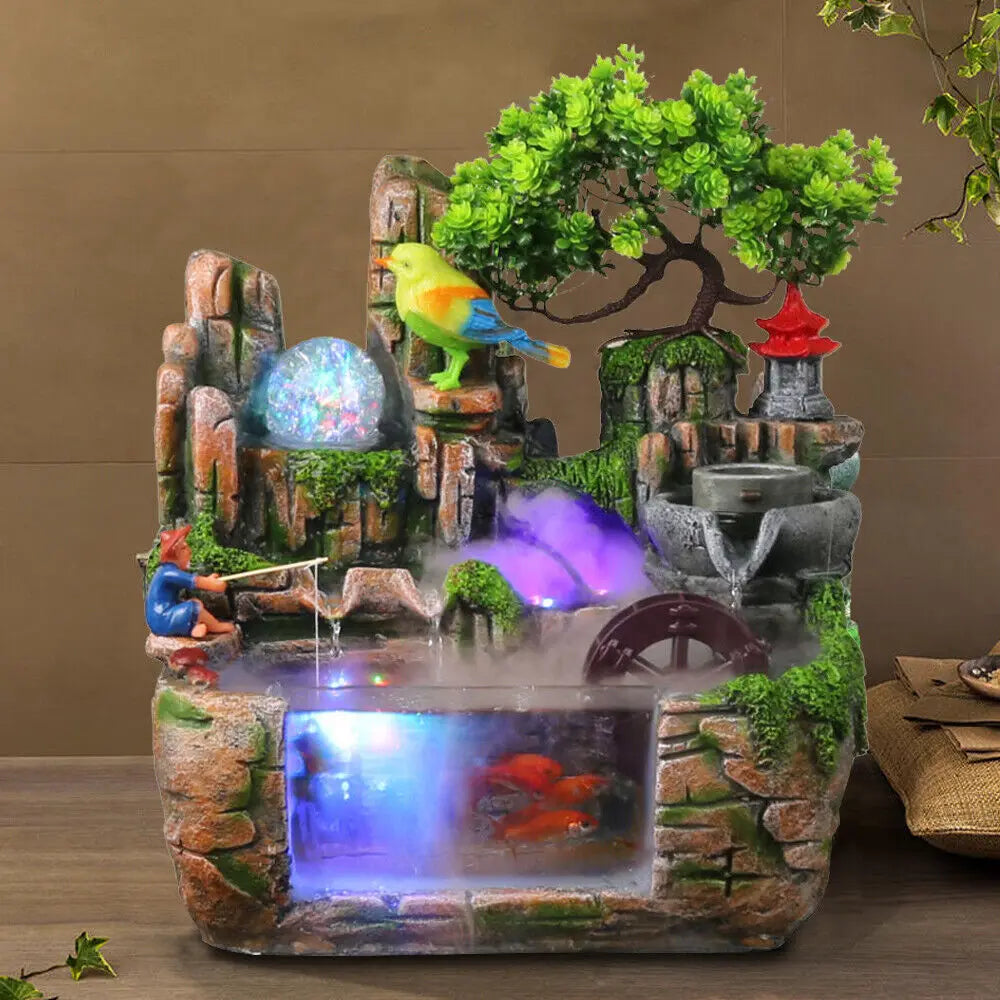 Fountain Waterfall with Rockery Indoor Relaxation with Light Bird & Fisherman for Home