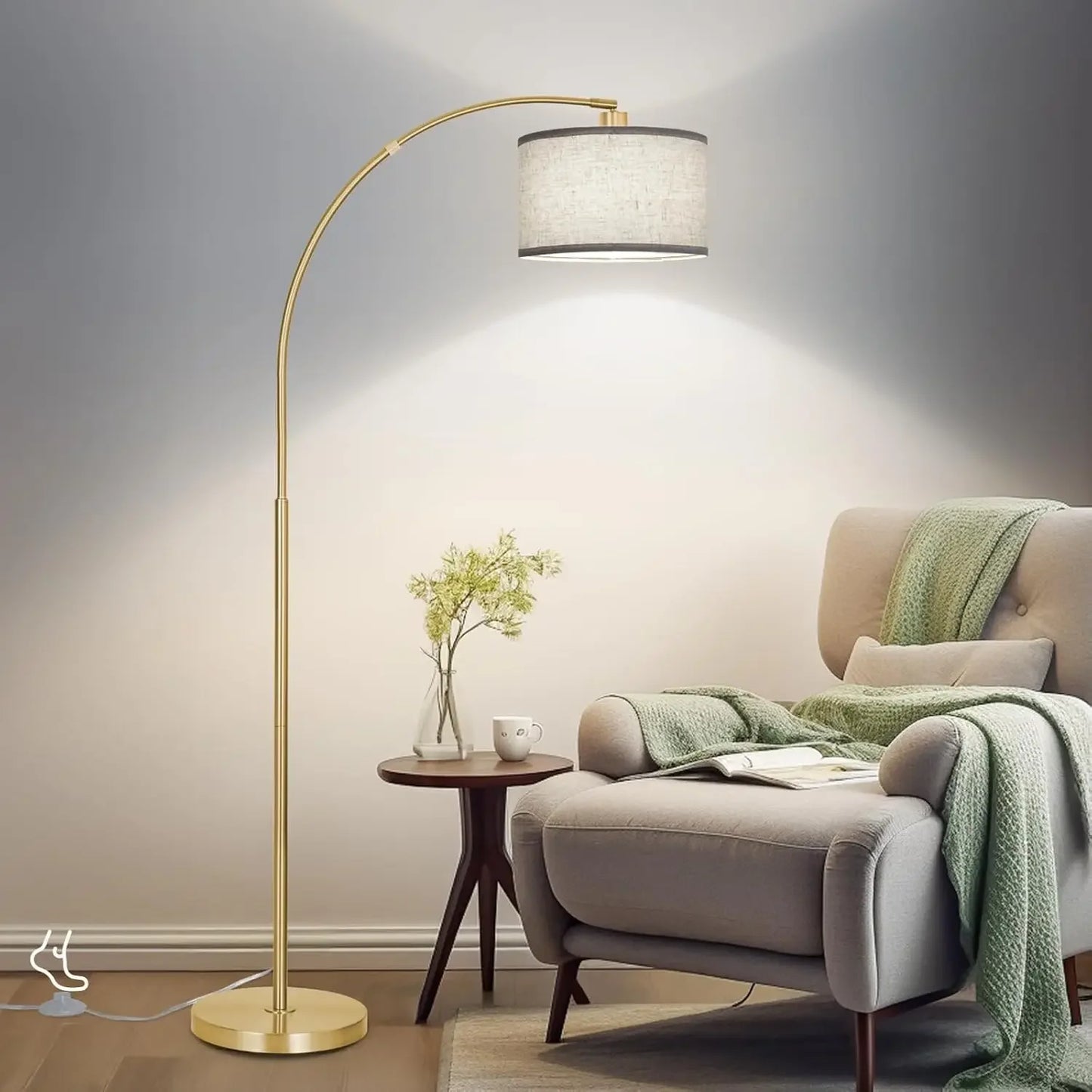 Floor Lamp, Modern Standing with Adjustable Drum Shade, Arched Floor with Foot Switch on Sofa