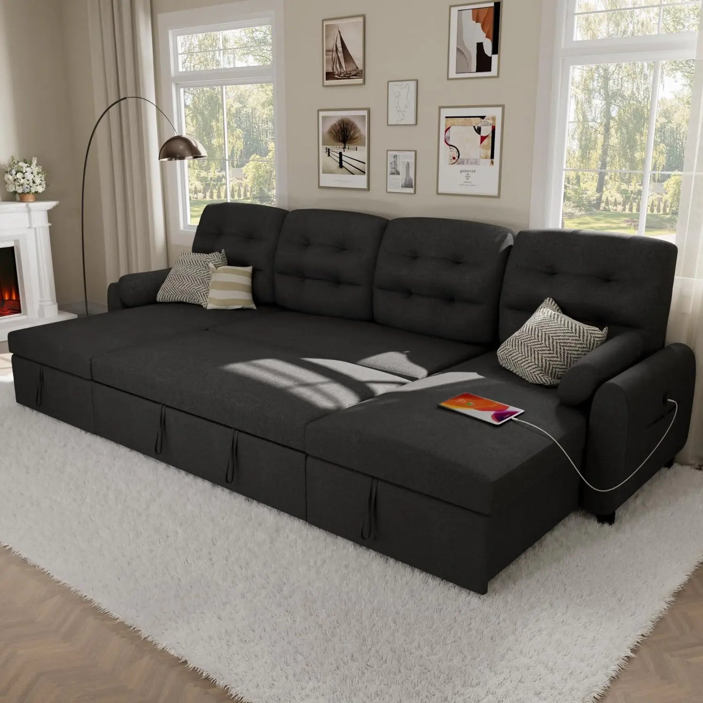 Sectional Sofa Couch Sleeper Sofa Bed with Reversible Storage Chaise Pull Out Couch with side Pocket