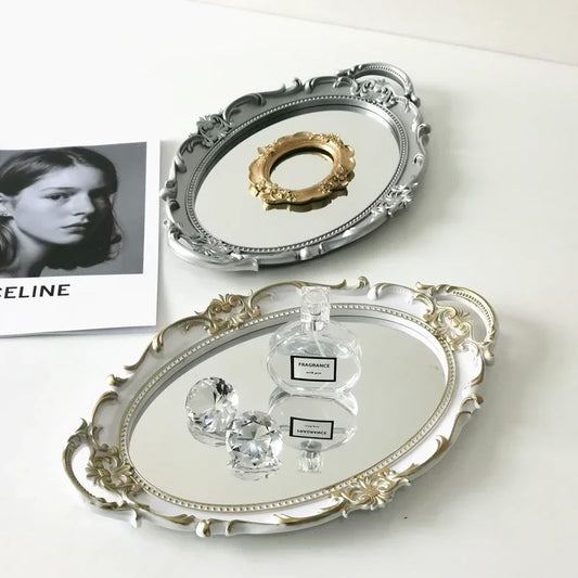 European Decorative Plate Storage Tray Oval Plate Jewelry  Rotary Candy Tray Mirror Decorative Make Up Mirror
