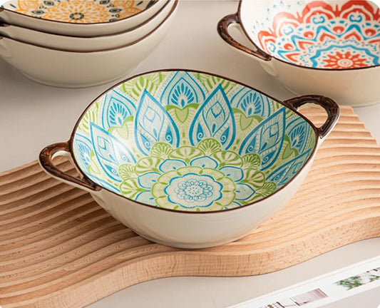 YWDL 700ml Ceramic Salad Bowl With Handle Kitchen Soup, noodles, and fruit Japanese Tableware Microwave Pan