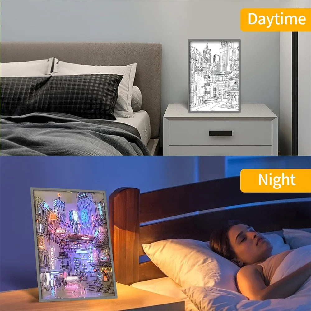 LED Beautiful City Night View Light Painting ,HD Picture Narrow Bezel USB City Night View Romantic Home Decors