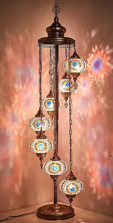 7 Globes Turkish Moroccan Mosaic Lamp Light, Bohemian Boho Tiffany Lamp with North American Plug & Socket