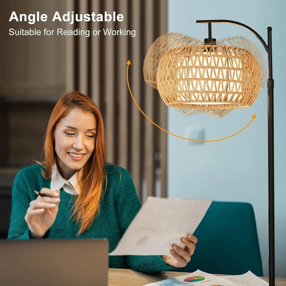 Lamp Remote Control, Dimmable LED Floor Wicker Shade Black Standing, 3 Color Temperature