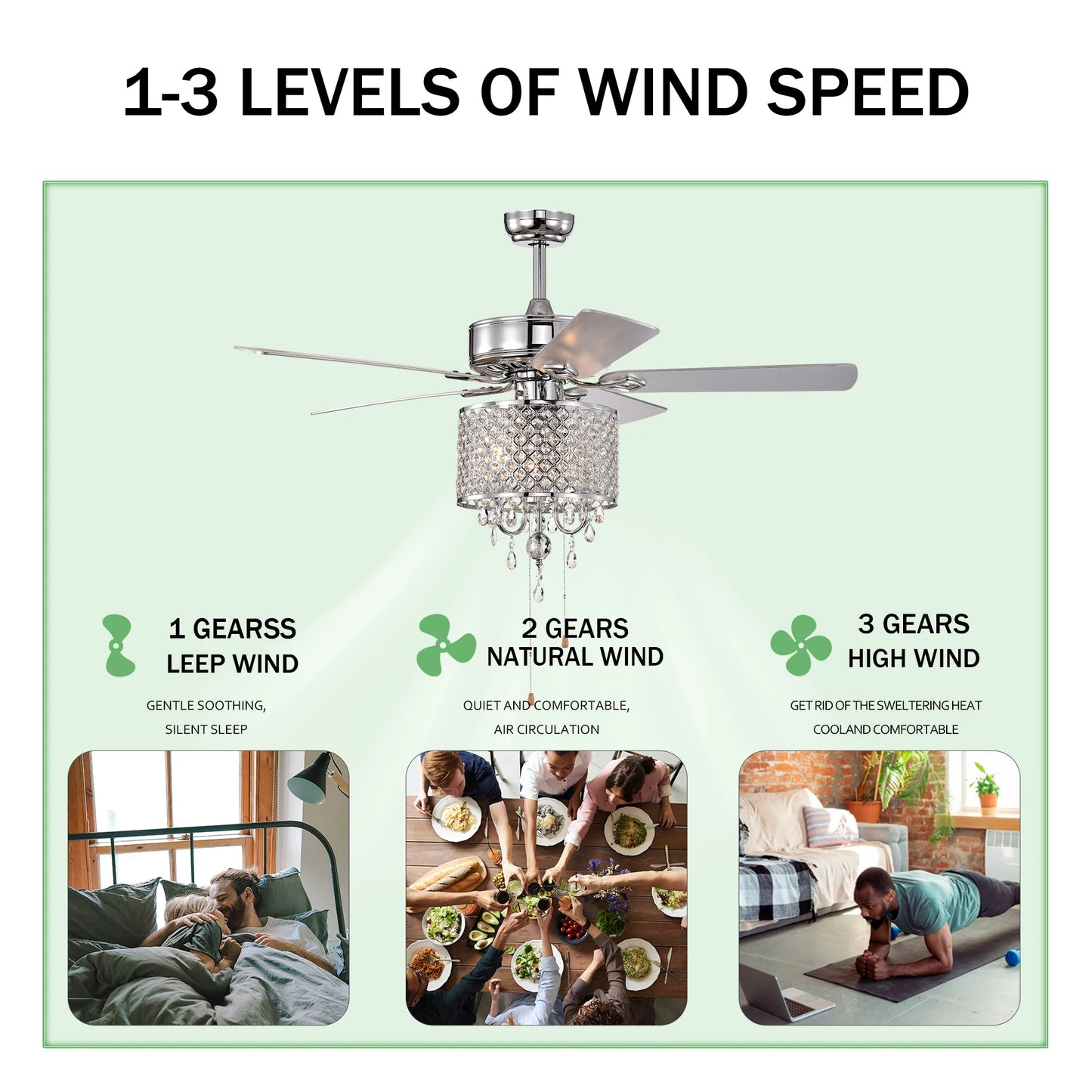 52'' Classical Crystal Ceiling Fan Lamp 3 Speed Hand Pull Chain (High, Mid, Low), 5 Reversible Blades for Living Room, Dining Ro