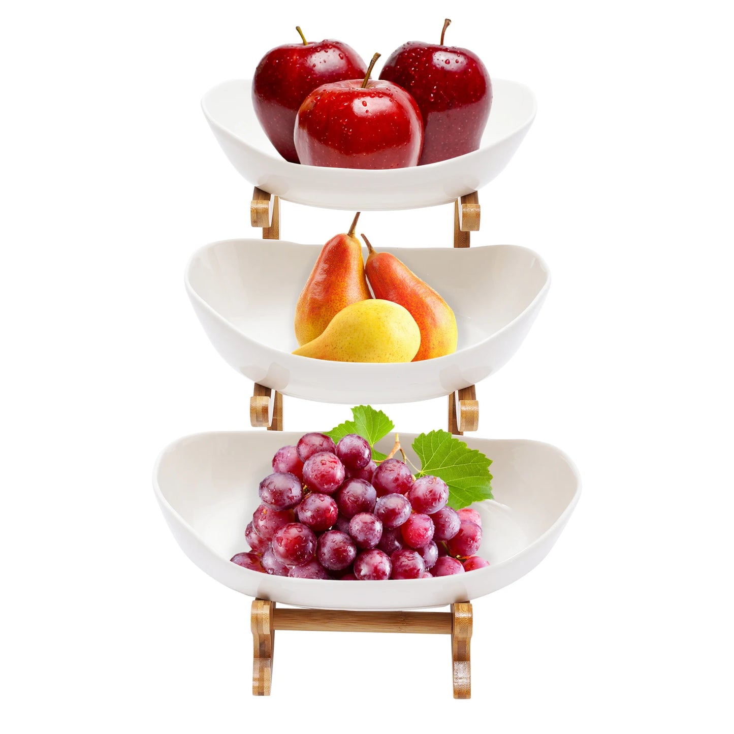 Fruit Bowl, 3 Tier Ceramic Fruit Basket, 3 Tier Serving Stand Serving Bowl with Bamboo Wooden Frame, Porcelain Kitchen Bowls