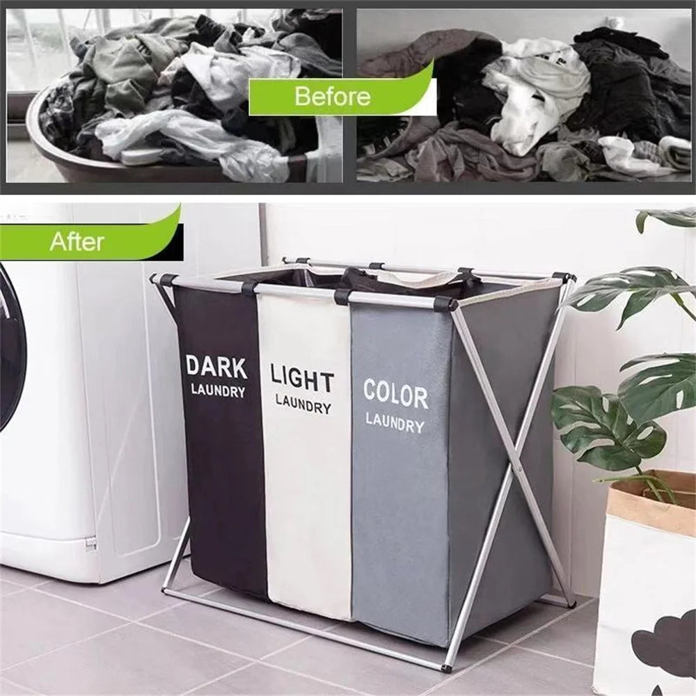 3 Grids Laundry Basket Foldable Dirty Clothes Organizer Waterproof Basket Large Laundry Hamper