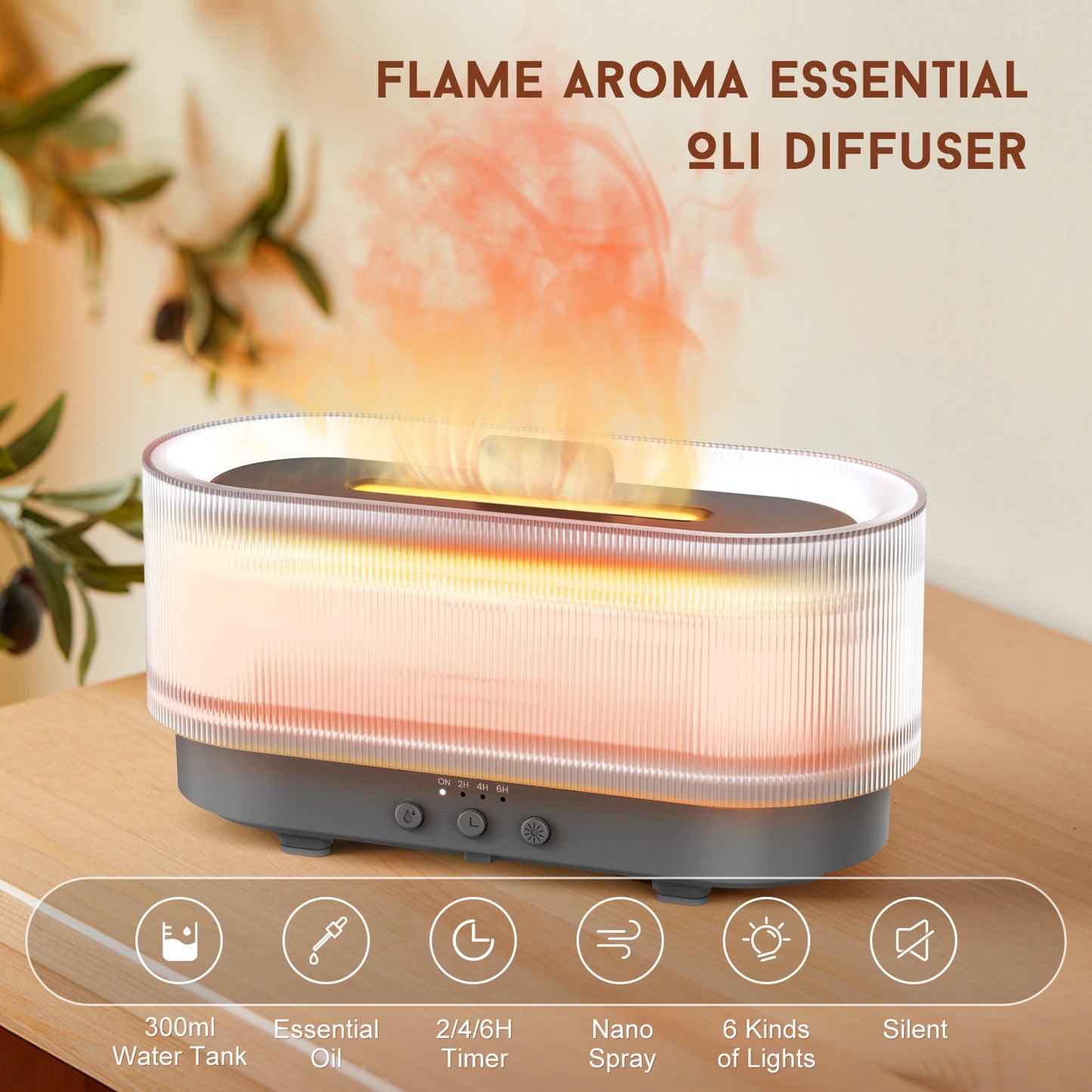 Humidifier 300ml 6 Colors Mood Simulation Flame Light Aromatherapy Diffuser Super Quiet Auto Shut-Off