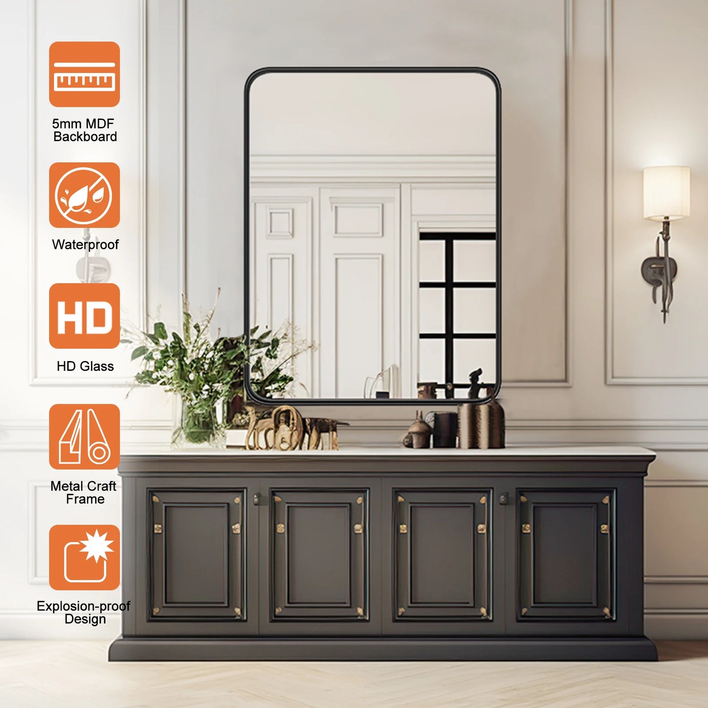 Matte Metal Framed Mirror for Wall  Rectangle Rounded Corner Tempered Glass