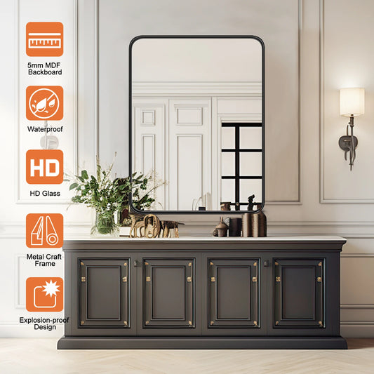 Matte Metal Framed Mirror for Wall  Rectangle Rounded Corner Tempered Glass