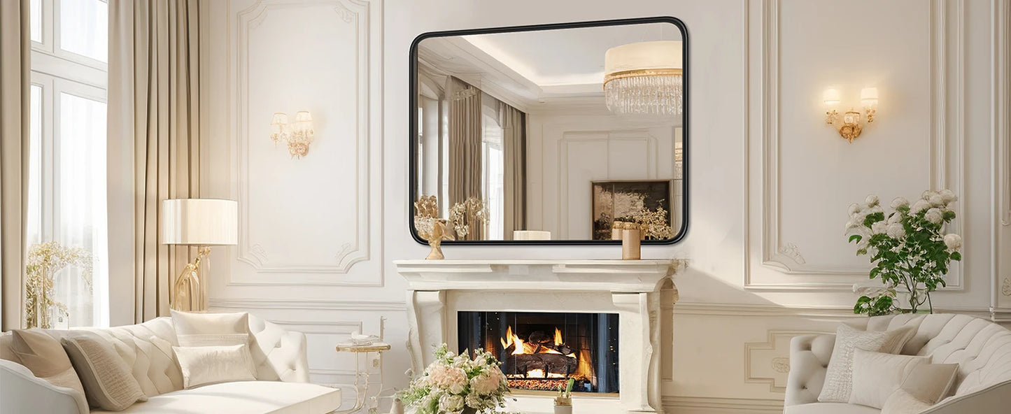 Matte Metal Framed Mirror for Wall  Rectangle Rounded Corner Tempered Glass