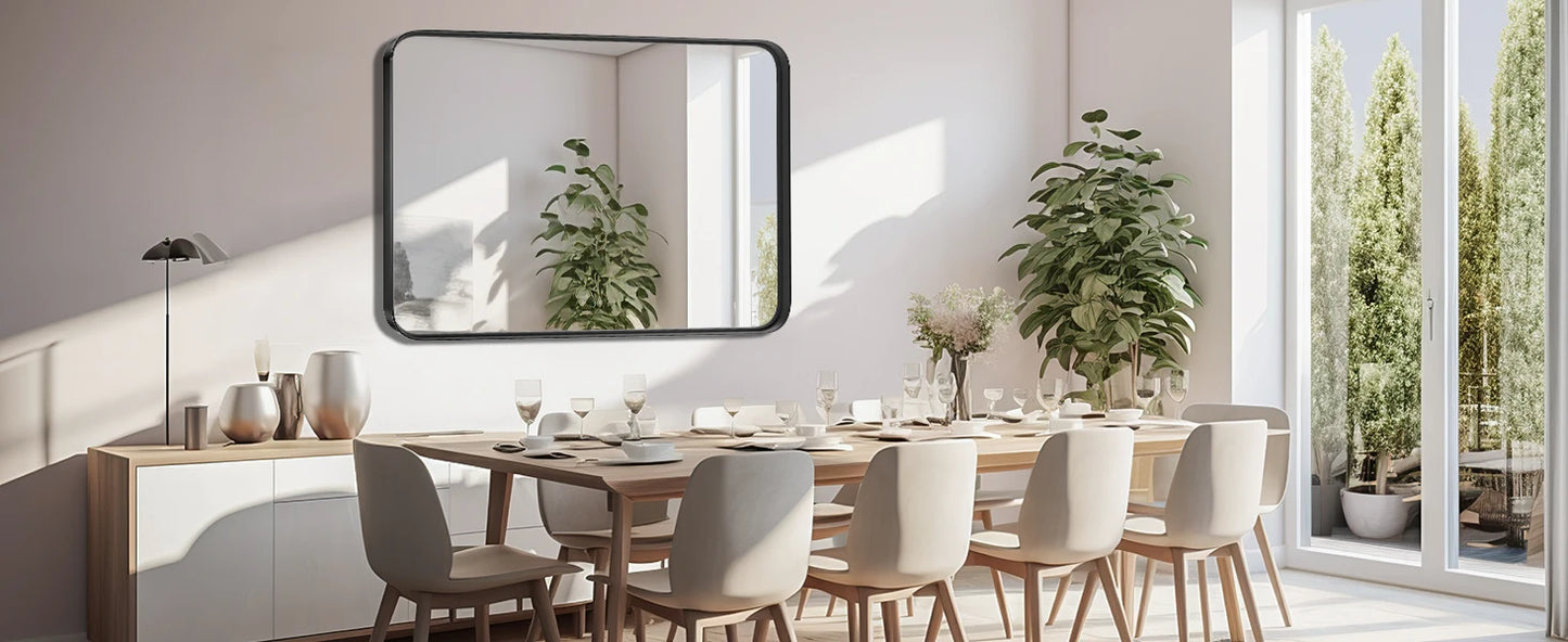 Matte Metal Framed Mirror for Wall  Rectangle Rounded Corner Tempered Glass