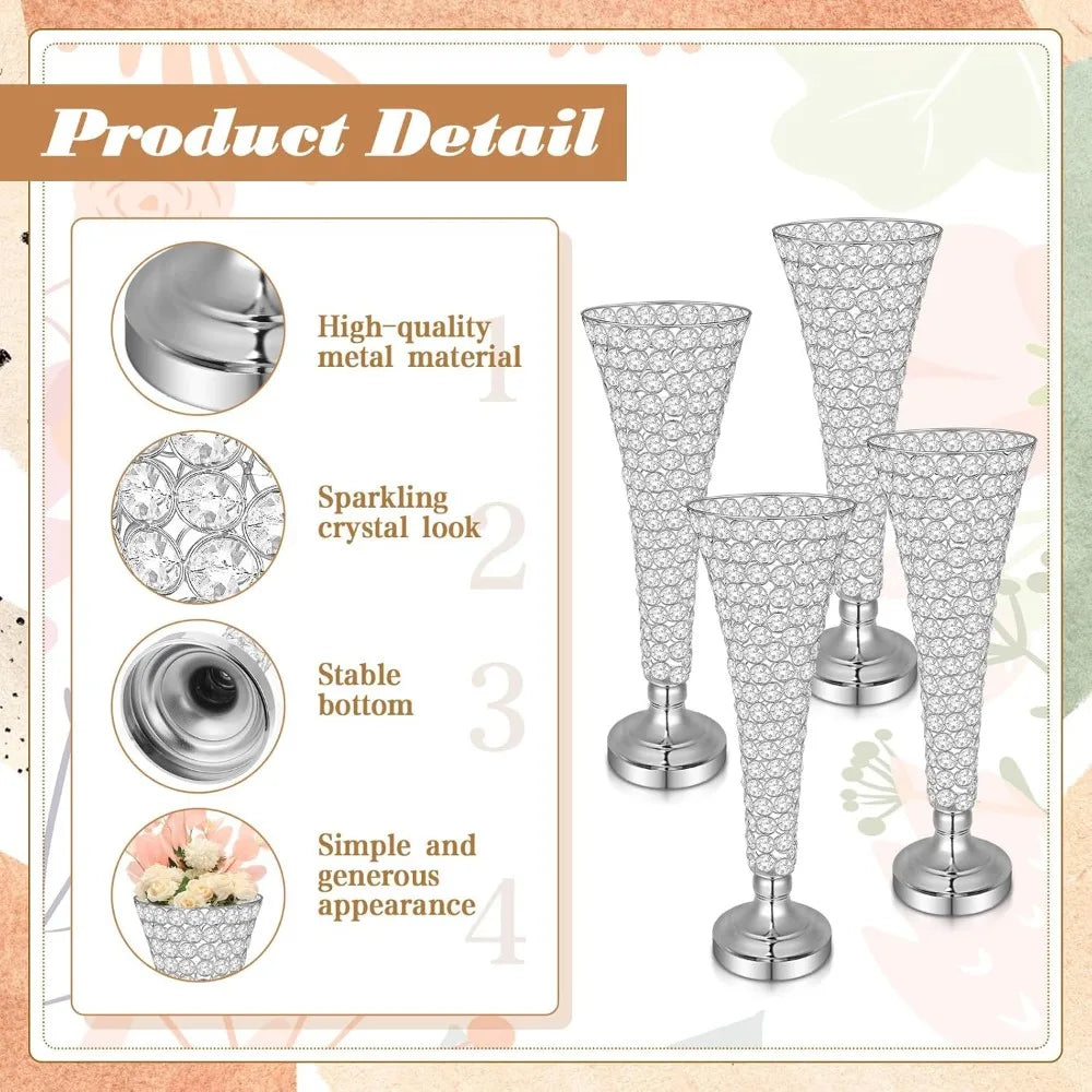 4 pieces of crystal trumpet vases, 20-inch-high forged iron crysta flower rack, decorated for gatherings and parties