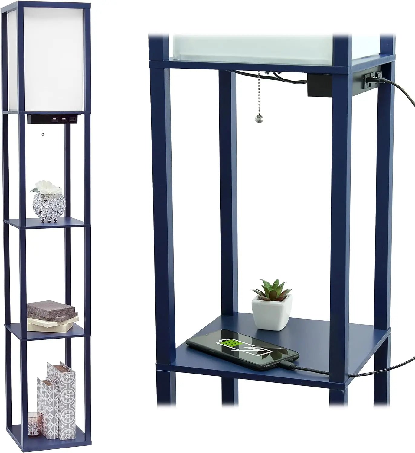 Floor Lamp  Organizer Storage Shelf with 2 USB Charging Ports, 1 Charging Outlet and Linen Shade