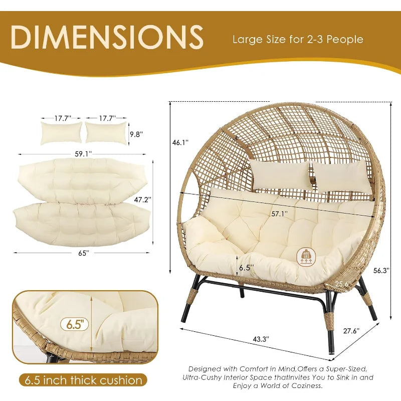 Double Egg Chair Indoor Outdoor Stationary Oversized Thicken Padded Cushions 2 Person Loveseat Chair