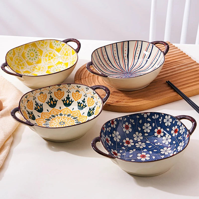 YWDL 700ml Ceramic Salad Bowl With Handle Kitchen Soup, noodles, and fruit Japanese Tableware Microwave Pan