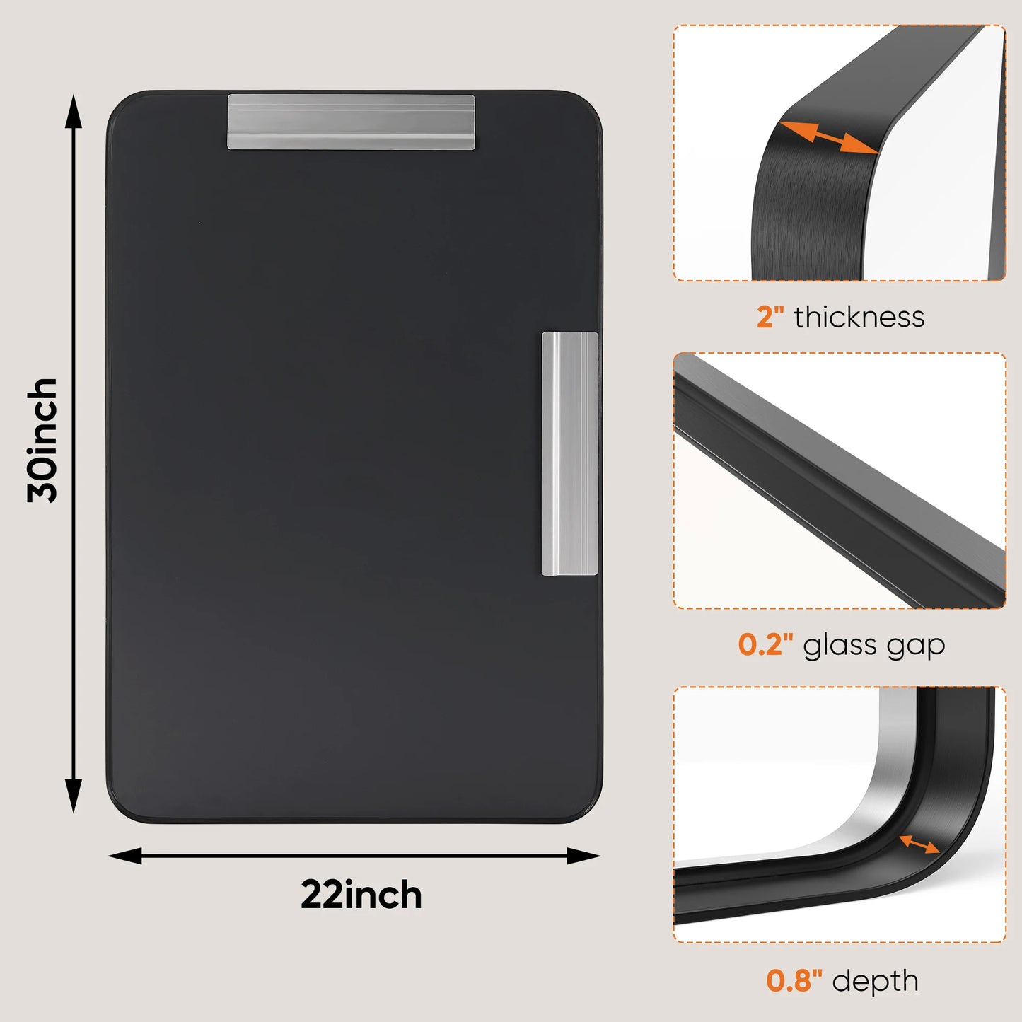 Matte Metal Framed Mirror for Wall  Rectangle Rounded Corner Tempered Glass