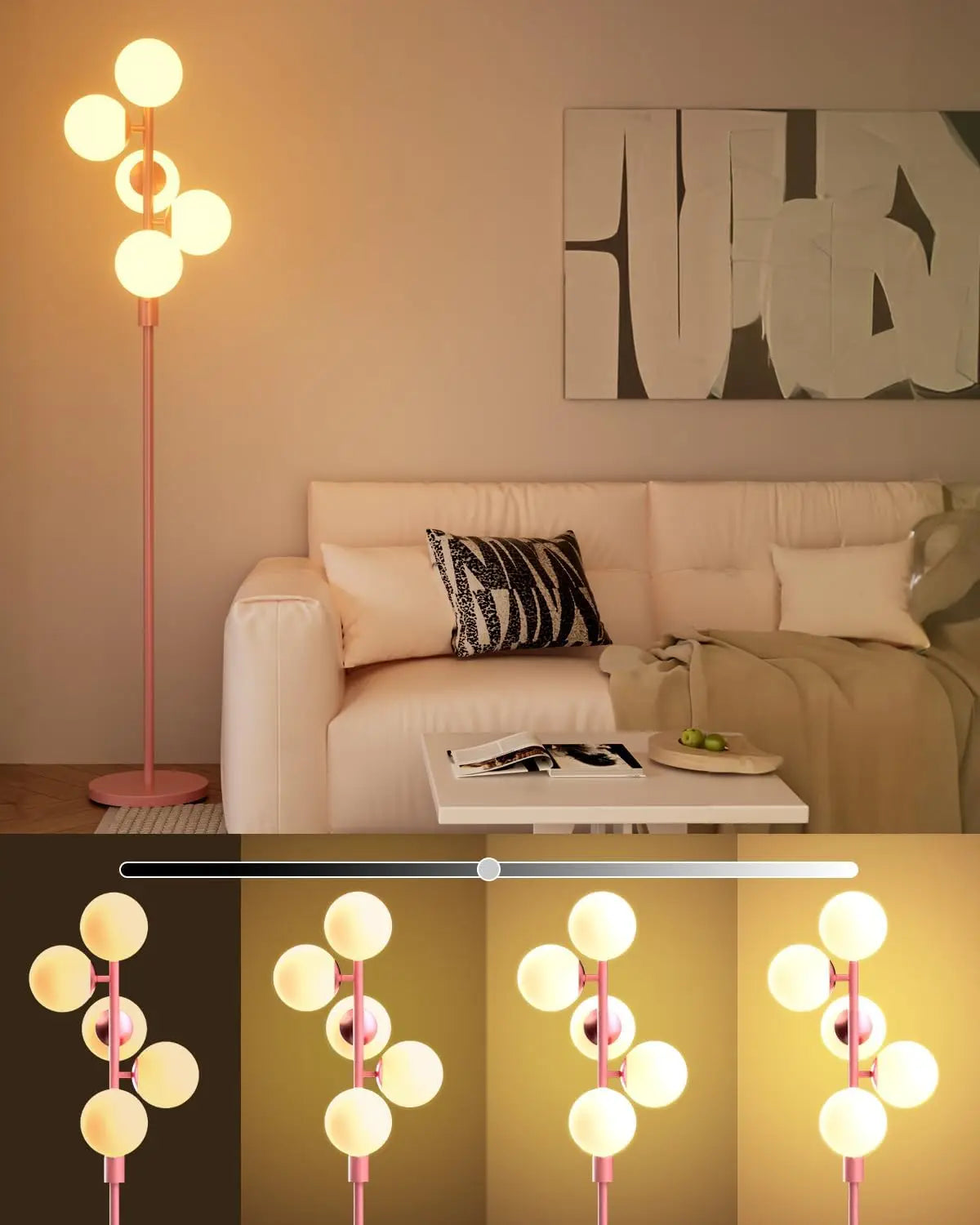 60IN Dimmable Floor Lamp, Mid Century Standing Lamps with 3 Globe Soft Warm White