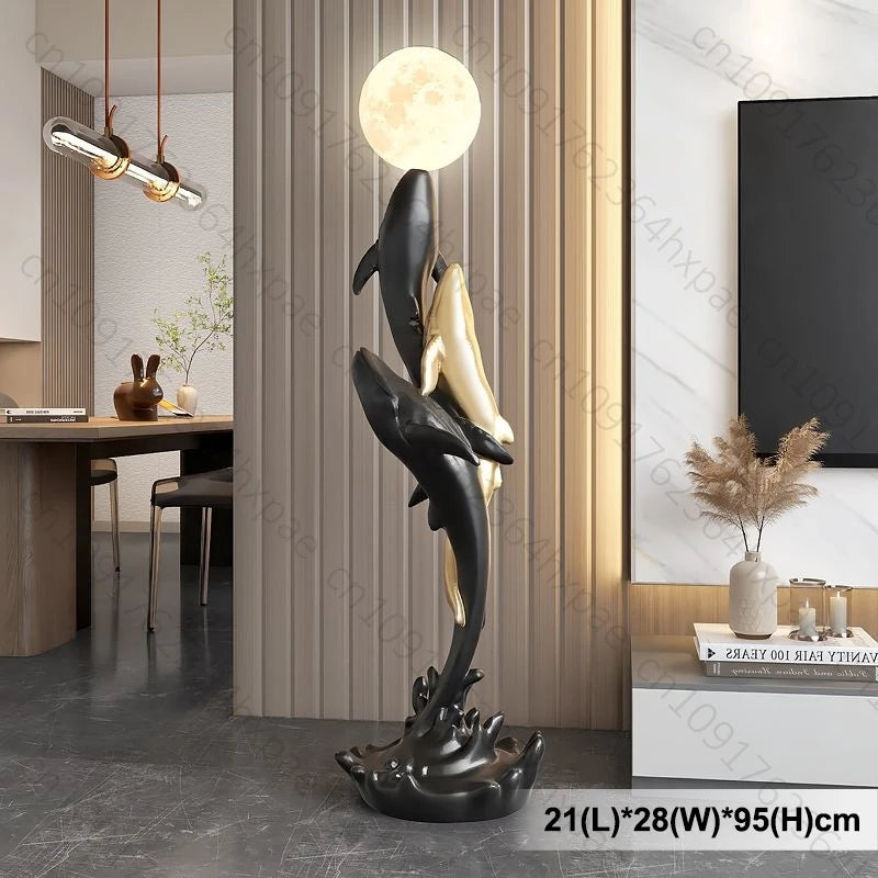 Luxury Whale Floor Lamp Sculpture with Moon Night Light Large Resin Home Decor Large Decorative Statue for  Art Decor