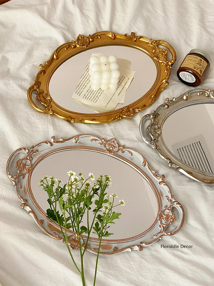 European Decorative Plate Storage Tray Oval Plate Jewelry  Rotary Candy Tray Mirror Decorative Make Up Mirror