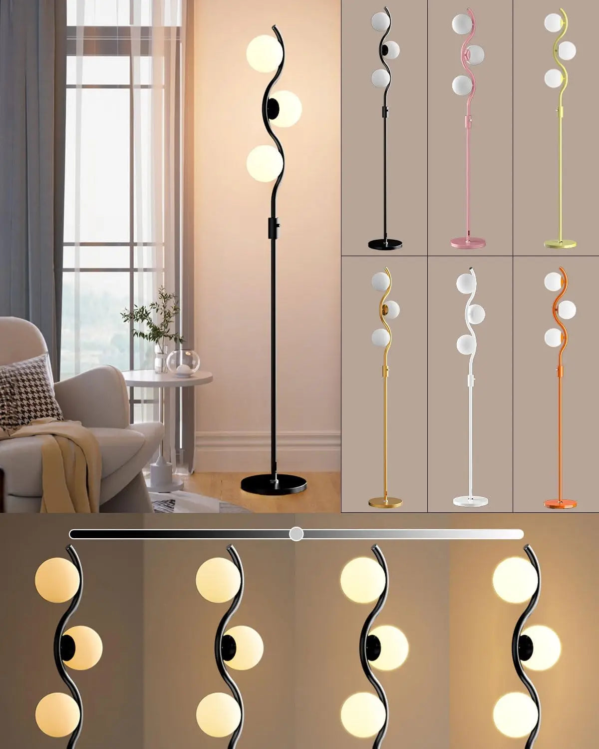 60IN Dimmable Floor Lamp, Mid Century Standing Lamps with 3 Globe Soft Warm White