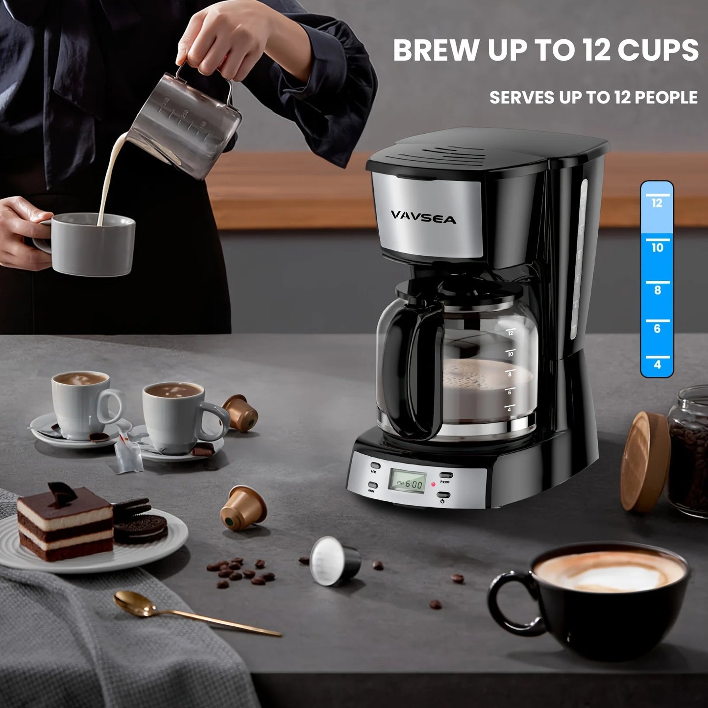 12 Cup Programmable Coffee Maker, 900W Drip with Glass Carafe, Auto Shut off
