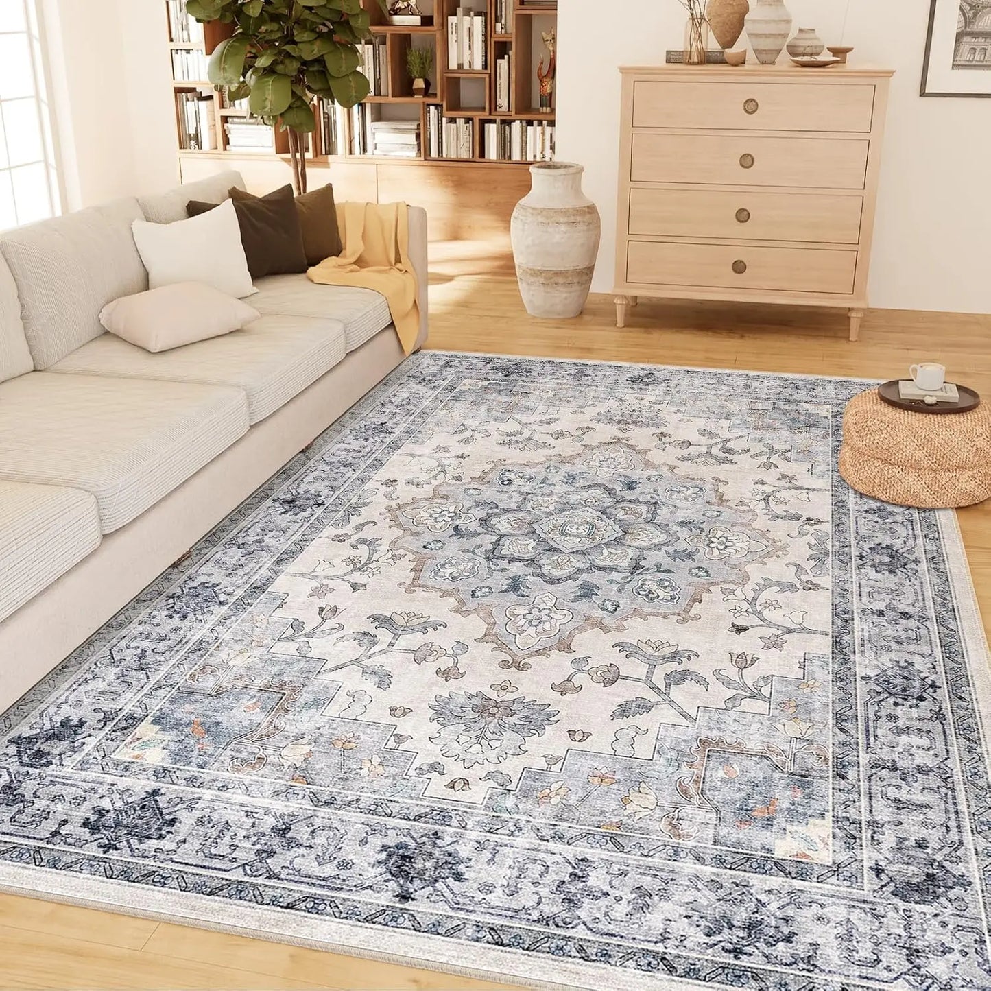 Machine Washable Area Rugs for Living Room Carpet Non Slip Low Pile Water Repellent Soft Print Pattern