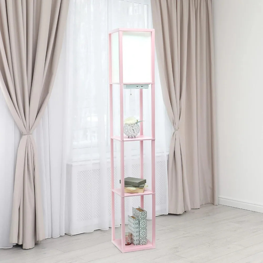 Floor Lamp  Organizer Storage Shelf with 2 USB Charging Ports, 1 Charging Outlet and Linen Shade