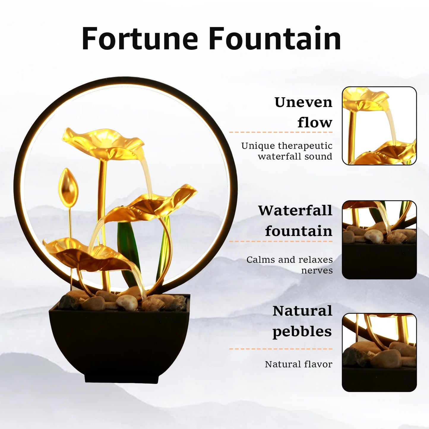 Water Fountain USB Powered Relaxation Desktop Waterfall With Natural Rocks And LED Ring Lights
