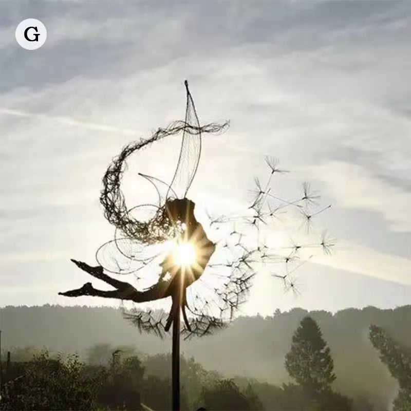 Dancing Fairy Statue Steel Wires Elf Dandelion Sculpture Mythical Garden Figurine Yard Decor