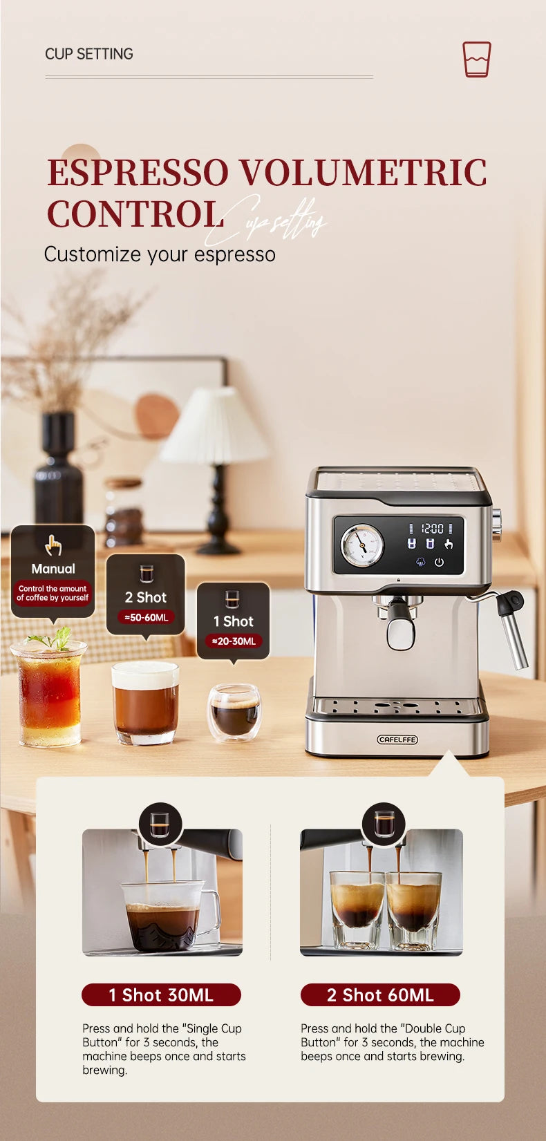 Espresso Machine Cappuccino Maker with Milk Frothing Steam Wand, Semi-Automatic