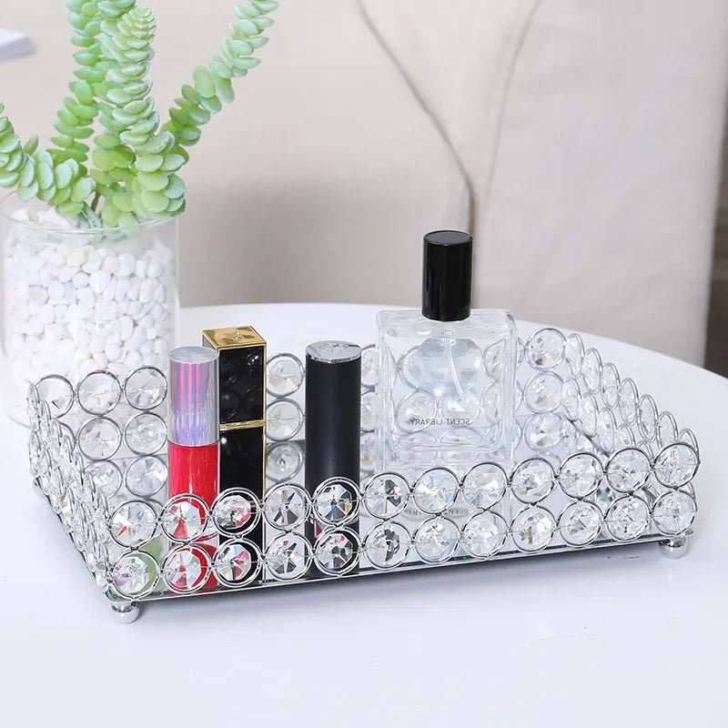 Crystal Decorative Tray Table Makeup Organizer Glass Mirror  Luxury Serving Tray Home Trinket Dish