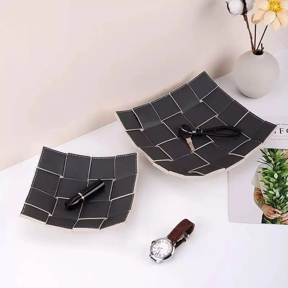 Leather Storage Tray Home Living Room Desktop Woven Storage Tray  Decorative  Jewelry Dish