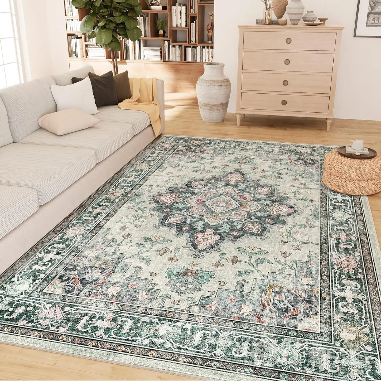 Machine Washable Area Rugs for Living Room Carpet Non Slip Low Pile Water Repellent Soft Print Pattern