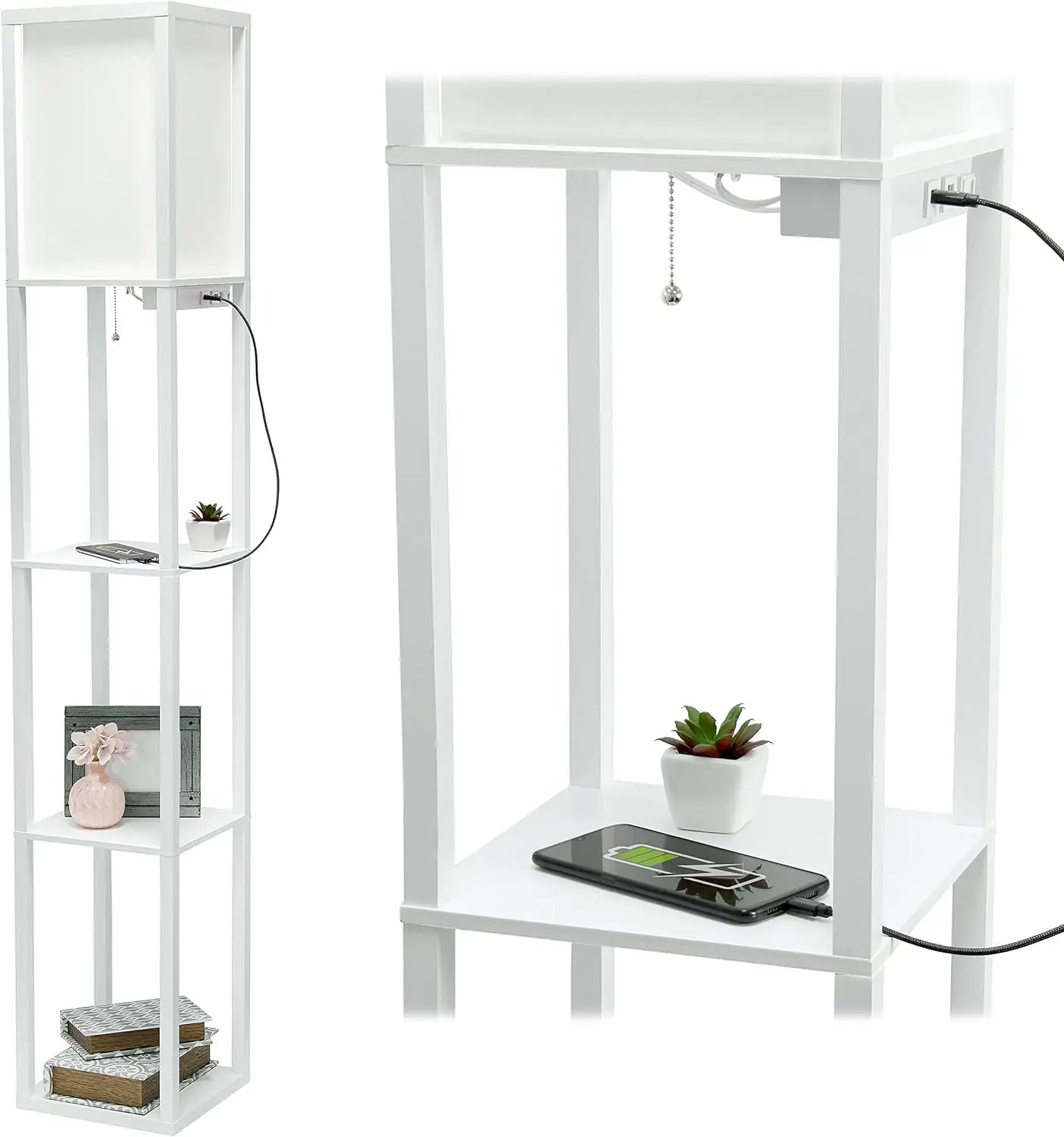 Floor Lamp  Organizer Storage Shelf with 2 USB Charging Ports, 1 Charging Outlet and Linen Shade