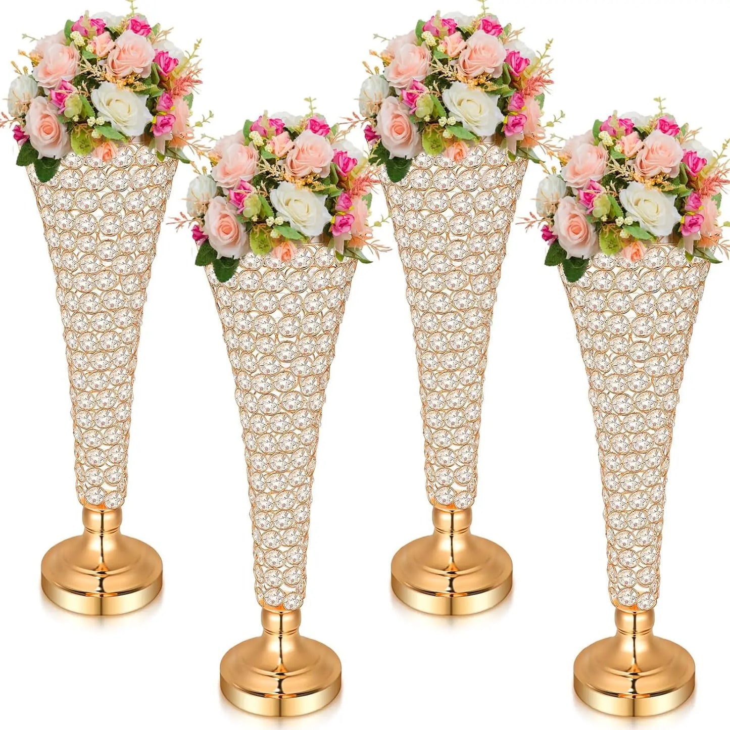 4 pieces of crystal trumpet vases, 20-inch-high forged iron crysta flower rack, decorated for gatherings and parties